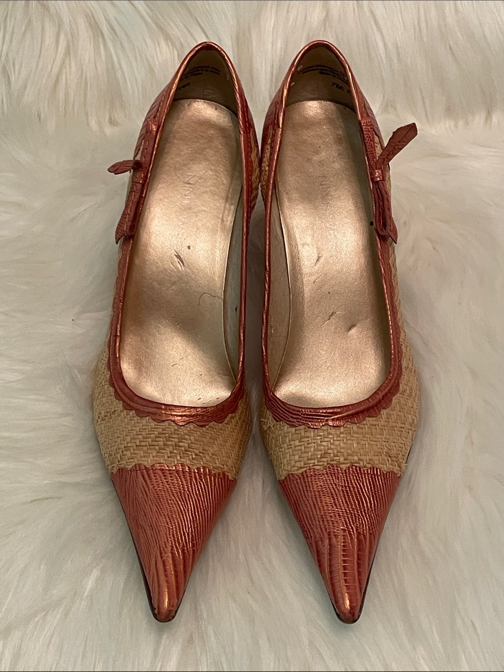 Nine West Metallic Coral and Natural Woven Pointed Kitten Heels 7 - Picture 2 of 8